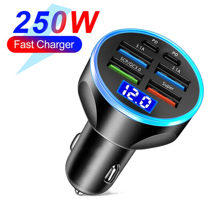 250W PD Car Charger QC3.0 Fast Charge One to Six Car Cigarette Lighter Plug 5 Port Car Charger Flash Charge with Digital Display