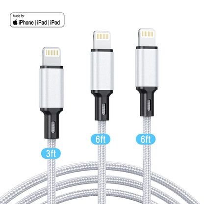 3Pack [Apple Mfi Certified] Iphone Charger Cables (3/6/6Ft), Lightning Cable Nylon Fast Iphone Charging Cord Compatible for Iphone 13/13 Pro/12/11/11 Pro/X/Xs Max/Xr/ Ipad Air 2 /Mini Airpods(Silver)