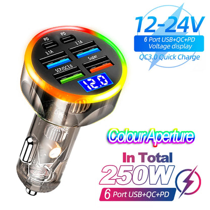 250W PD Car Charger QC3.0 Fast Charge One to Six Car Cigarette Lighter Plug 5 Port Car Charger Flash Charge with Digital Display